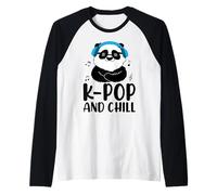 K-Pop and Chill Panda Headphones Music Notes Raglan Baseball Tee