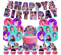 K Pop Demon H-Hunters Birthday Decorations H-Huntrix H-Huntr/X Cake Topper Cupcake Toppers Banner Happy Birthday K Pop Party Decoration Supplies for Fans Party Decorations Kit (F1)