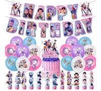 K Pop Demon H-Hunters Birthday Decorations H-Huntrix H-Huntr/X Cake Topper Cupcake Toppers Banner Happy Birthday K Pop Party Decoration Supplies for Fans Party Decorations Kit (B1)
