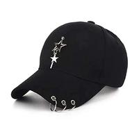 K-pop Metallic Fitted Cap with Ring Chain, Unique Design, Star Embellishment, Black, M