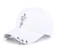 K-pop Metallic Fitted Cap with Ring Chain, Unique Design, Star Embellishment, White, M