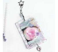 K-pop Photocard Holder - Acrylic Glitter PC Cover with Keychain, Y2K Bow Charm & Protective Sleeve - Cute Clear Case for 3" K-pop Concert Photocard, ID Badge Display