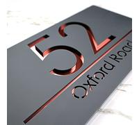 K Smart Sign | Bellisima H3 F31 | Matt Dark Gray Personalised House Sign Laser Cut 3d Door Numbers Street Address Grey Number Signs Plaque | 300mm x 160mm (Matt Dark Gray & Rose Gold Mirror)