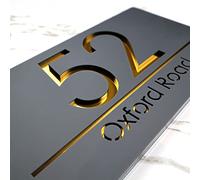 K Smart Sign | Bellisima H3 F31 | Matt Dark Gray Personalised House Sign Laser Cut 3d Door Numbers Street Address Grey Number Signs Plaque | 300mm x 160mm (Matt Dark Gray & Gold Mirror)