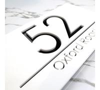 K Smart Sign | Bellisima H3 F31 | Matt White Personalised House Laser Cut Signs Door Numbers Mirror Effect Street Address Number Plaques | 300mm x 160mm (Matt White & Gloss Black)