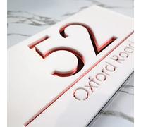 K Smart Sign | Bellisima H3 F31 | Matt White Personalised House Laser Cut Signs Door Numbers Mirror Effect Street Address Number Plaques | 300mm x 160mm (Matt White & Rose Gold Mirror)