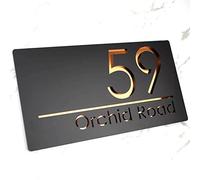 K Smart Sign | Bellissima H1 | Laser Cut Matt Black & Copper Mirror Floating Perspex House Signs Plaque Address Door Number | 300mm x 160mm