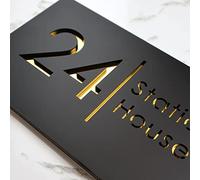 K Smart Sign | Bellissima H2 | Laser Cut Matt Black & Gold Mirror Floating House Sign Plaques Address Door Number | 300mm x 160mm…