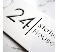K Smart Sign | Bellissima H2 | Laser Cut Matt Dark Gray (Grey) Anthracite & Mirror Floating House Sign Plaques Address Door Number | 300mm x 160mm (Matt White & Black Marble Effect)