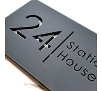 K Smart Sign | Bellissima H2 | Laser Cut Matt Dark Gray (Grey) Anthracite & Mirror Floating House Sign Plaques Address Door Number | 300mm x 160mm (Dark Matt Gray & Black Marble Effect)