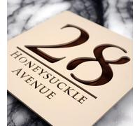 K SMART SIGN | Bellissima S1 Khaki Cream | House Numbers Plaques House Numbers Door Laser Signs Number Name Personalised Plaques Laser Cut acrylic Mirrored Marble (Matt Khaki Cream & Copper Mirror)