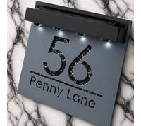 K Smart Sign | Bellissima S1 LED F31 | Square Solar Light House Signs Door Number Plaques With LED Personalised Name Address Sign For Wall (Anthracite & Black Marble)