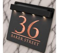 K Smart Sign | Bellissima S1 LED F32 | Square Solar Light House Signs Door Number Plaques With LED Personalised Name Address Sign For Wall With Classic Text (Matt Grey & Rose Gold Mirror)