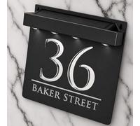 K Smart Sign | Bellissima S1 LED F32 | Square Solar Light House Signs Door Number Plaques With LED Personalised Name Address Sign For Wall With Classic Text (Matt Black & Silver Mirror)