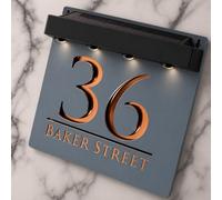 K Smart Sign | Bellissima S1 LED F32 | Square Solar Light House Signs Door Number Plaques With LED Personalised Name Address Sign For Wall With Classic Text (Matt Grey & Copper Mirror)