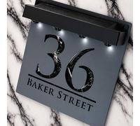 K Smart Sign | Bellissima S1 LED F32 | Square Solar Light House Signs Door Number Plaques With LED Personalised Name Address Sign For Wall With Classic Text (Matt Grey & Black Marble)