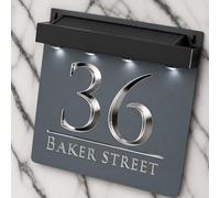 K Smart Sign | Bellissima S1 LED F32 | Square Solar Light House Signs Door Number Plaques With LED Personalised Name Address Sign For Wall With Classic Text (Matt Grey & Silver Mirror)