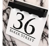 K Smart Sign | Bellissima S1 LED F32 | Square Solar Light House Signs Door Number Plaques With LED Personalised Name Address Sign For Wall With Classic Text (Matt White & Black Marble)