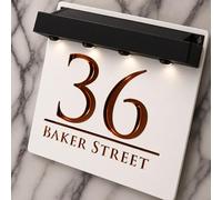 K Smart Sign | Bellissima S1 LED F32 | Square Solar Light House Signs Door Number Plaques With LED Personalised Name Address Sign For Wall With Classic Text (Matt White & Copper Mirror)