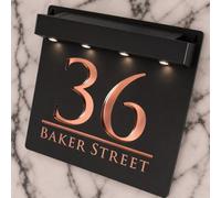 K Smart Sign | Bellissima S1 LED F32 | Square Solar Light House Signs Door Number Plaques With LED Personalised Name Address Sign For Wall With Classic Text (Matt Black & Rose Gold Mirror)