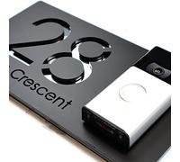 K Smart Sign | Bellissima Video Doorbell house sign door number plaques for Nest Ring Wifi doorbell plate mount | Matt Black - Silver Chrome Mirror | Contemporary Style | 300mm x 160mm