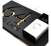 K Smart Sign | Bellissima Video Doorbell house sign door number plaques for Nest Ring Wifi doorbell plate mount | Matt Black - Gold Mirror | Classic Style | 300mm x 160mm