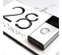 K Smart Sign | Left Text F31 | Bellissima Video Doorbell house sign door number plaques for Nest Ring Wifi doorbell plate mount | Matt White | 300mm x 160mm (Matt White & Gloss Black Mirror)