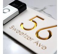 K Smart Sign | Right Text F31 | Bellissima Video Doorbell house sign door number plaques for Nest Ring Wifi doorbell plate mount | Matt White | 300mm x 160mm (Matt White & Gold Mirror)