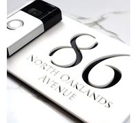 K Smart Sign | Right Text F32 | Bellissima Video Doorbell house sign door number plaques for Nest Ring Wifi doorbell plate mount | Matt White | 300mm x 160mm (Matt White & Gloss Black Mirror)