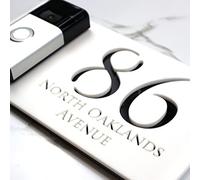 K Smart Sign | Right Text F32 | Bellissima Video Doorbell house sign door number plaques for Nest Ring Wifi doorbell plate mount | Matt White | 300mm x 160mm (Matt White & Black Marble Effect)