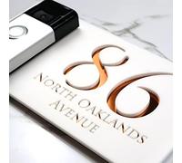 K Smart Sign | Right Text F32 | Bellissima Video Doorbell house sign door number plaques for Nest Ring Wifi doorbell plate mount | Matt White | 300mm x 160mm (Matt White & Copper Mirror)