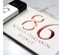 K Smart Sign | Right Text F32 | Bellissima Video Doorbell house sign door number plaques for Nest Ring Wifi doorbell plate mount | Matt White | 300mm x 160mm (Matt White & Rose Gold Mirror)