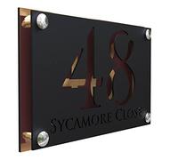 K Smart Sign | Simpatico A4 F32 | Matt Black Personalised House Signs Laser Cut 3d Door Numbers Street Grey Address Number Plaque | 280mm x 180mm (Matt Black & Copper Mirror)