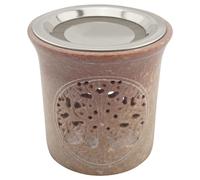K W Indian Soapstone Incense Burner - With Stainless Steel Strainer & Metal Disc - Tree of Life Design, Height 10 cm, Handmade Unique
