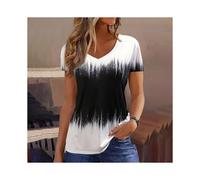 (K01-CL022066, XL) Fashion Women T Shirt Stripes Print Gradient V Neck Short Sleeve Basic Tops Streetwear Summer Oversized Clothing Female T-Shirts