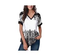 (K01-HH06833, 3XL) Fashion Women T Shirt Stripes Print Gradient V Neck Short Sleeve Basic Tops Streetwear Summer Oversized Clothing Female T-Shirts