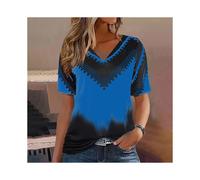 (K01-SM11721, M) Fashion Women T Shirt Stripes Print Gradient V Neck Short Sleeve Basic Tops Streetwear Summer Oversized Clothing Female T-Shirts
