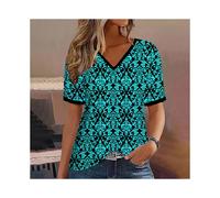 (K01-SM11736, M) Fashion Women T Shirt Stripes Print Gradient V Neck Short Sleeve Basic Tops Streetwear Summer Oversized Clothing Female T-Shirts