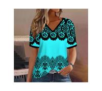 (K01-SM11744, 2XL) Fashion Women T Shirt Stripes Print Gradient V Neck Short Sleeve Basic Tops Streetwear Summer Oversized Clothing Female T-Shirts