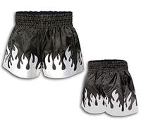 K1 Style Thai Boxing Shorts Kick Boxing Shorts Heavey Duty Silk Satin Muay Thai MMA UFC White Flames Design (Medium / 30"-32" Waist)
