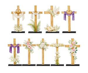 K1tpde Easter Cross Wooden Centerpiece Table Decoration - Lent Religious He is Risen Cross Wood Sign Removable Standing Decorative for Home, Easter Religious Jesus Flower Crosses Church Decor, 9PCS