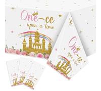 K1tpde Princess 1st Party Tablecloth - 3PCS One-ce Upon A Time Birthday Plastic Tablecloth for Girls, Princess Castle Party Floral Disposable Tablecover for Baby Shower Castle Fairytale Party Supplies