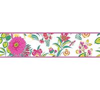 K2 Floral Flowers Wallpaper Border Bright Modern White Pink Green Yellow
