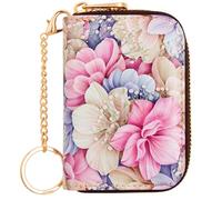 Kaabao Credit Card Holder, RFID Blocking Wallet for Women Small Slim Leather Wallets with Keychain Zipper Business Cards Case, A Pink Romantic Flowers, S, Minimalist, Compact