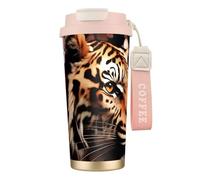 KAABNNT Animal Tiger Leopard Print Rose Flower Print 316 Stainless Steel Coffee Cup- 2-in-1 Double Drink Lid/Straw/Wrist Strap, Travel Mug for Home Office Gym