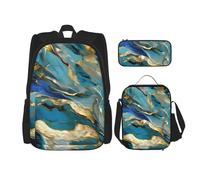 KAABNNT Azurite Teal and Foil Gold Oil Marble Patterns Print 3-in-1 Waterproof Oxford Backpack Set | Lunch Box | Pencil Case | Work | Outdoor