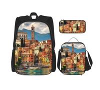 KAABNNT Beautiful Italy Print 3-in-1 Waterproof Oxford Backpack Set | Lunch Box | Pencil Case | Work | Outdoor