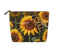 KAABNNT Bee & Sunflowers Print Single Layer Linen-Like Makeup Bag Stylish and Practical Fake Hemp Makeup Bag