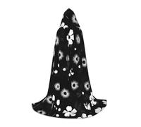 KAABNNT Black and White Floral Print Full Print Hooded Cape | 94% Polyester 6% Spandex | Bow Tie | Halloween/Cosplay/Stage