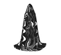 KAABNNT Black White Snake Skin patterns Print Full Print Hooded Cape | 94% Polyester 6% Spandex | Bow Tie | Halloween/Cosplay/Stage
